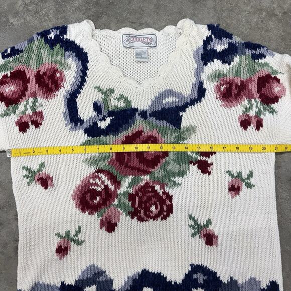 Vintage Nuggets Ramie Cotton Blend Floral Cottagecore V Neck Pullover Sweater L - Picture 5 of 8